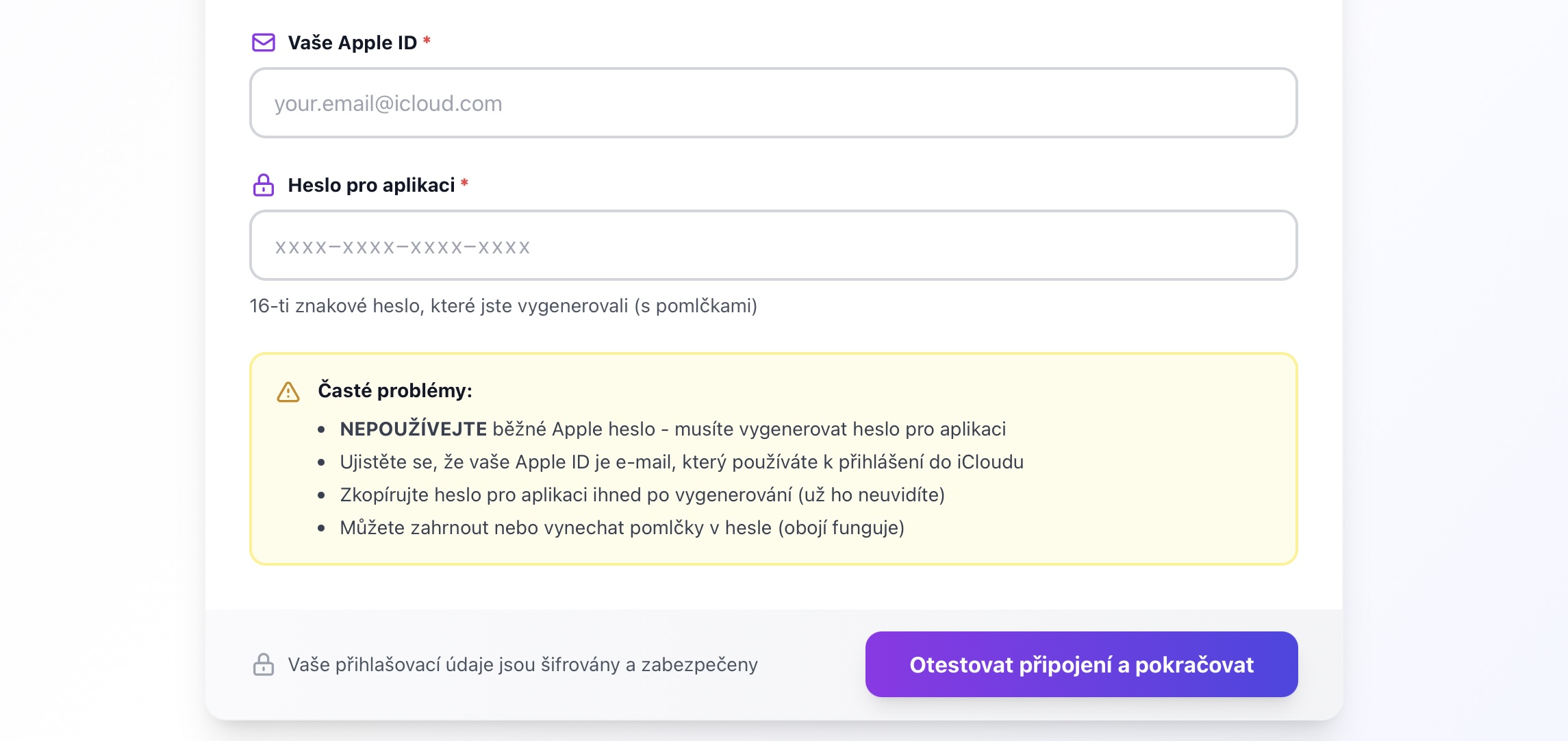 Pripojovaci formular iCloud s polami pre e-mail a heslo