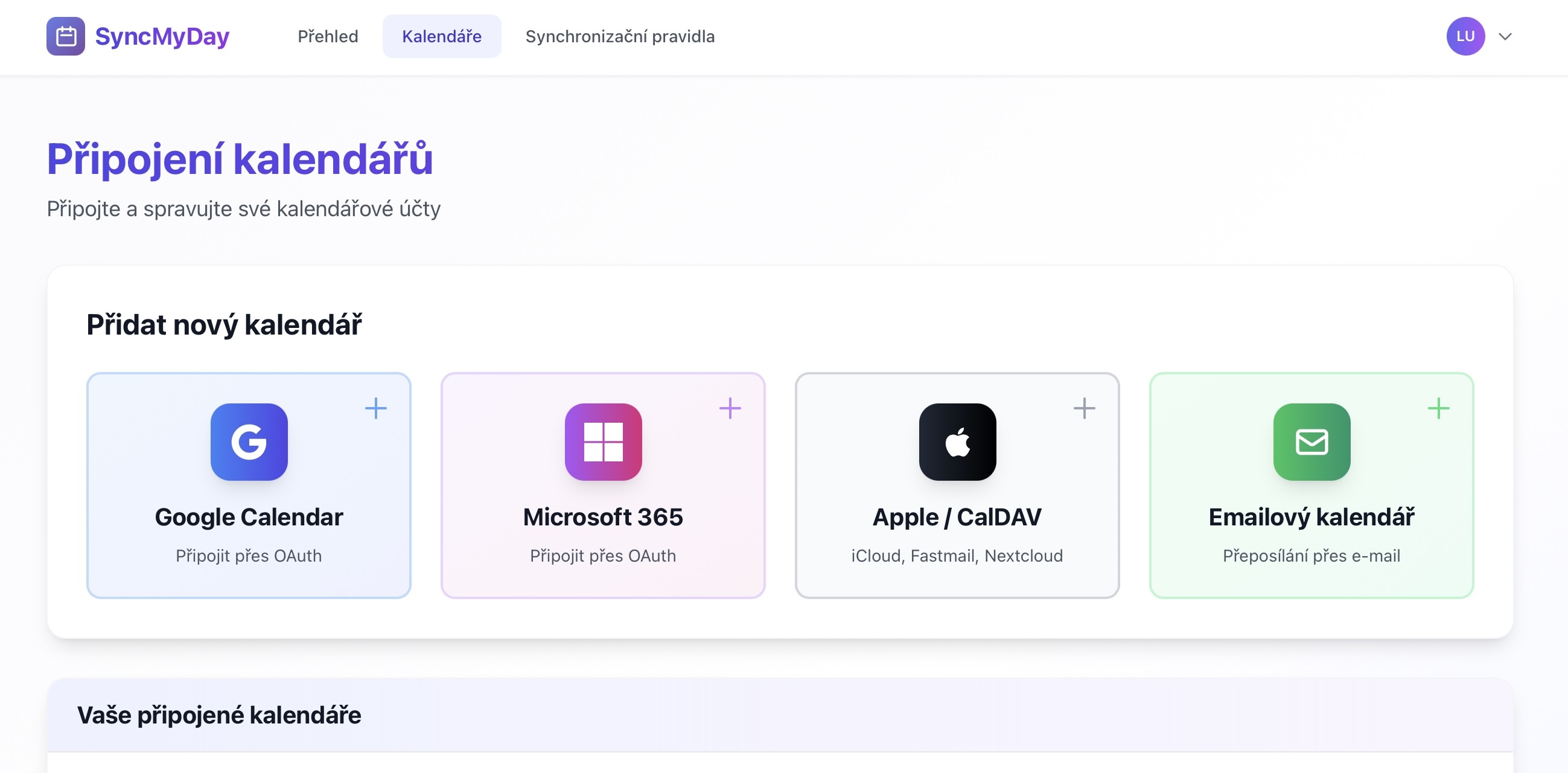 Dashboard s menu Kalendare