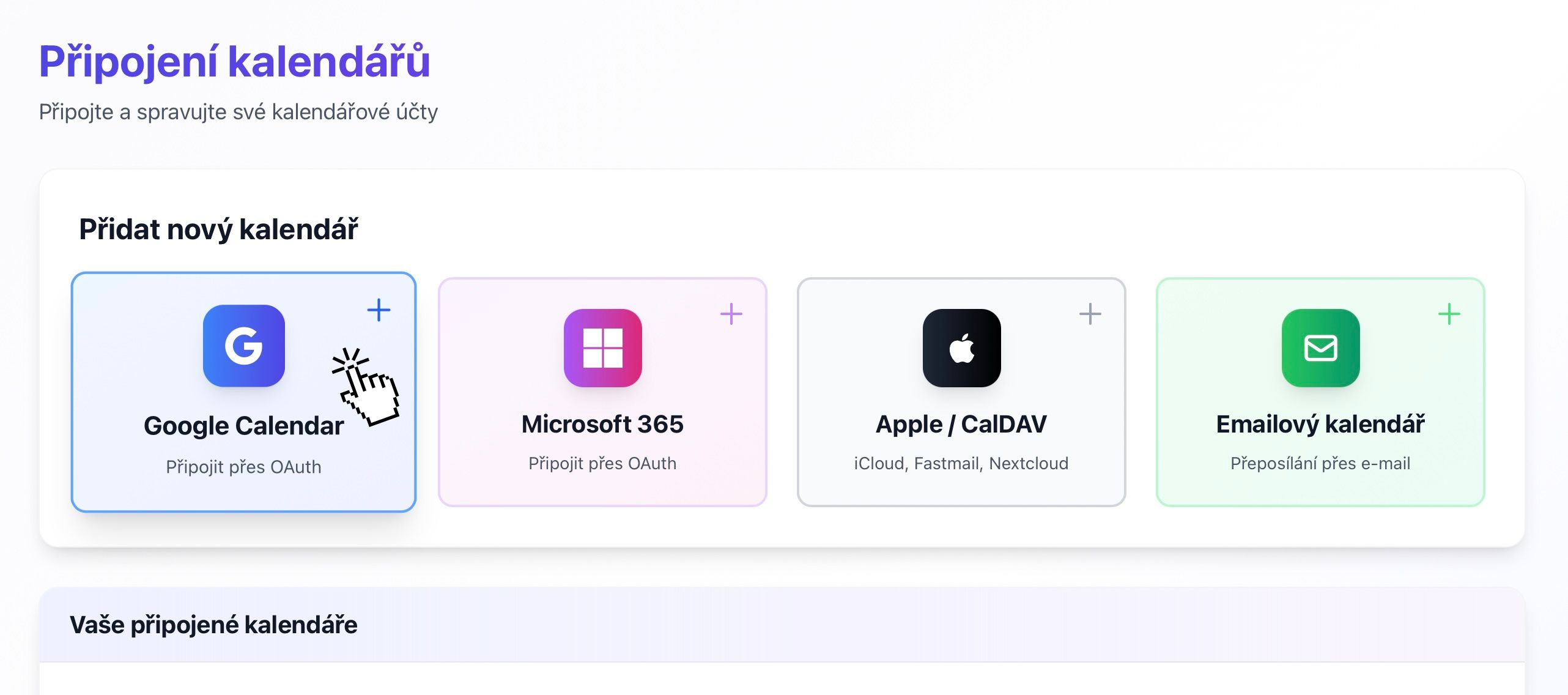 Tlacidlo Google Calendar na stranke Pripojenia kalendarov