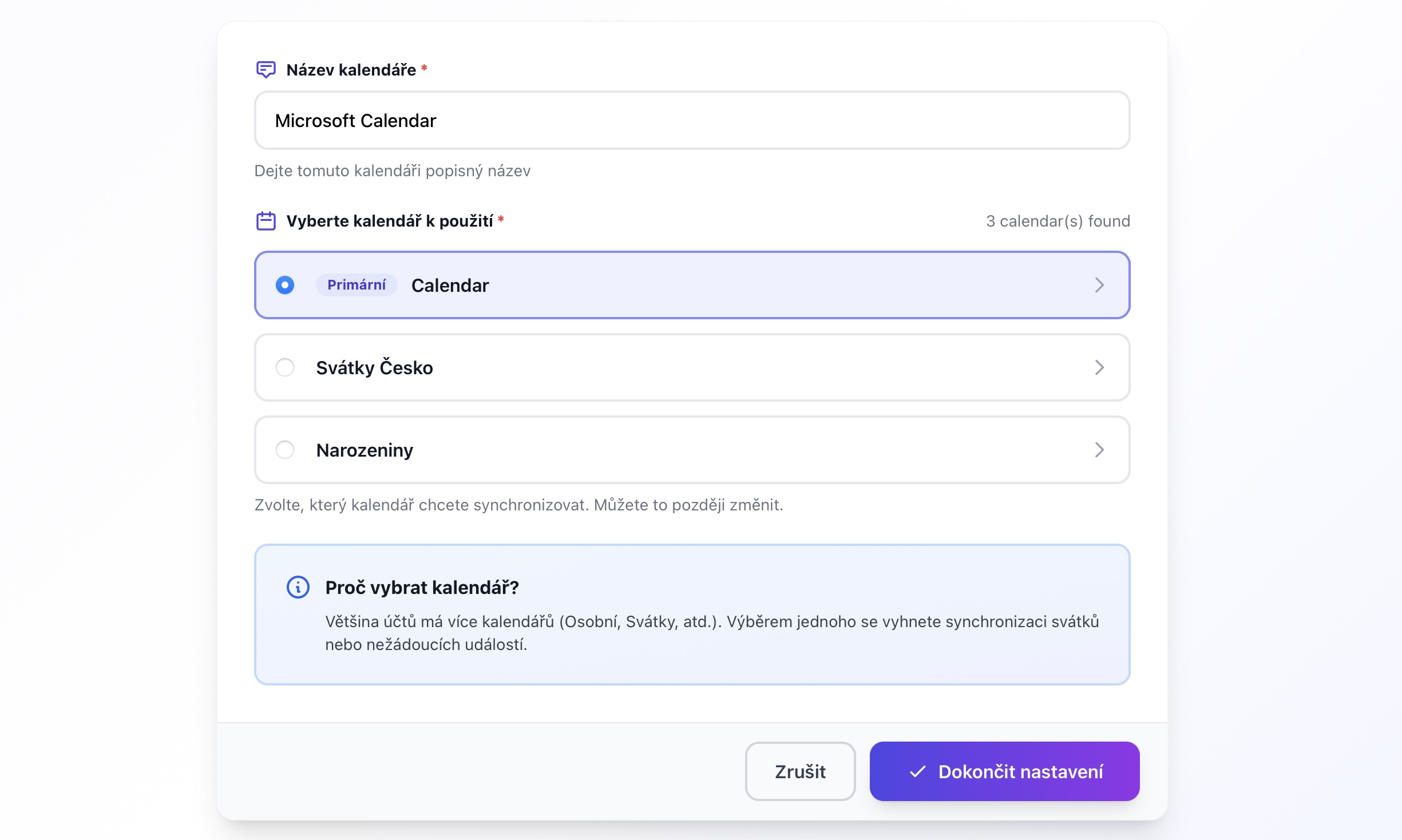Dialog vyberu kalendarov z Microsoft uctu