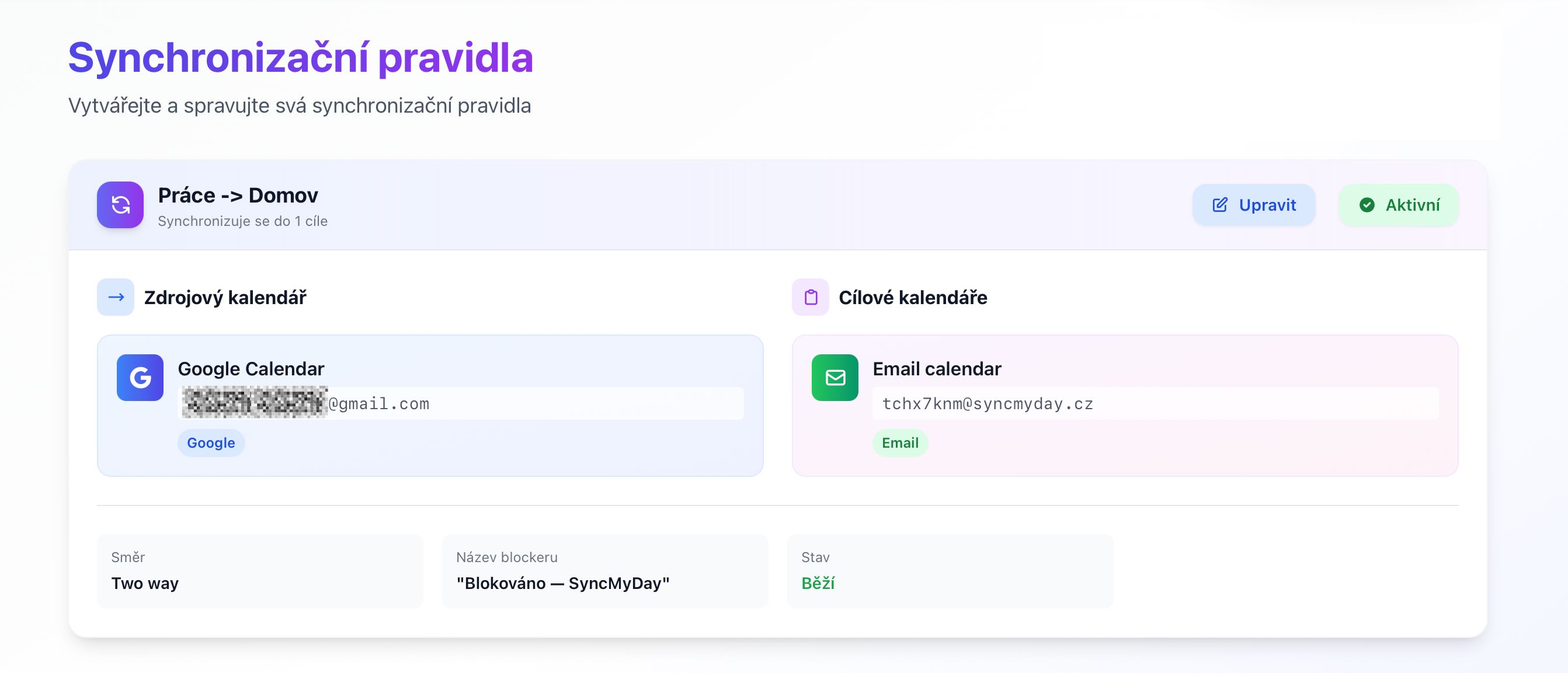 Potvrdovacia stranka zobrazujuca aktivne pravidlo synchronizacie